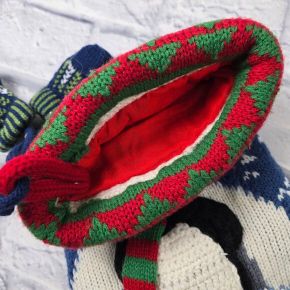 3D Knit Christmas Stocking Penguin Blue Fair Isle Mittens Pom Poms - Picture 10 of 13